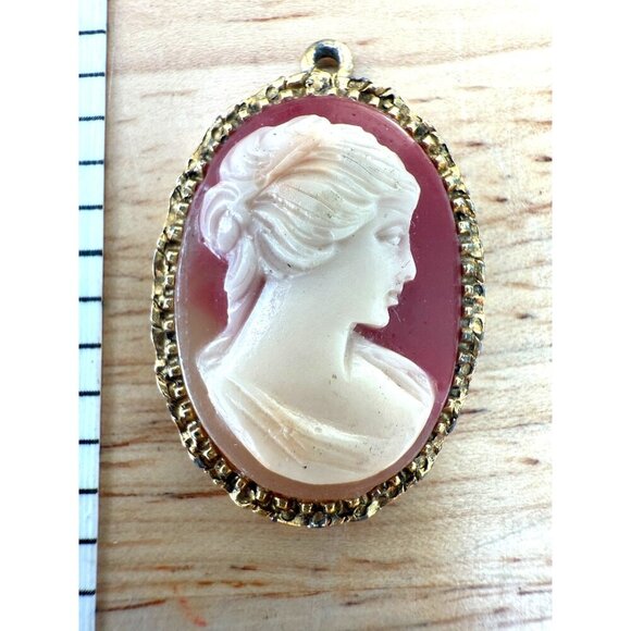 Vintage Oval Cameo Pendant With Womans Profile In Gold-Tone Frame - 1.5" x 1" - Picture 1 of 6